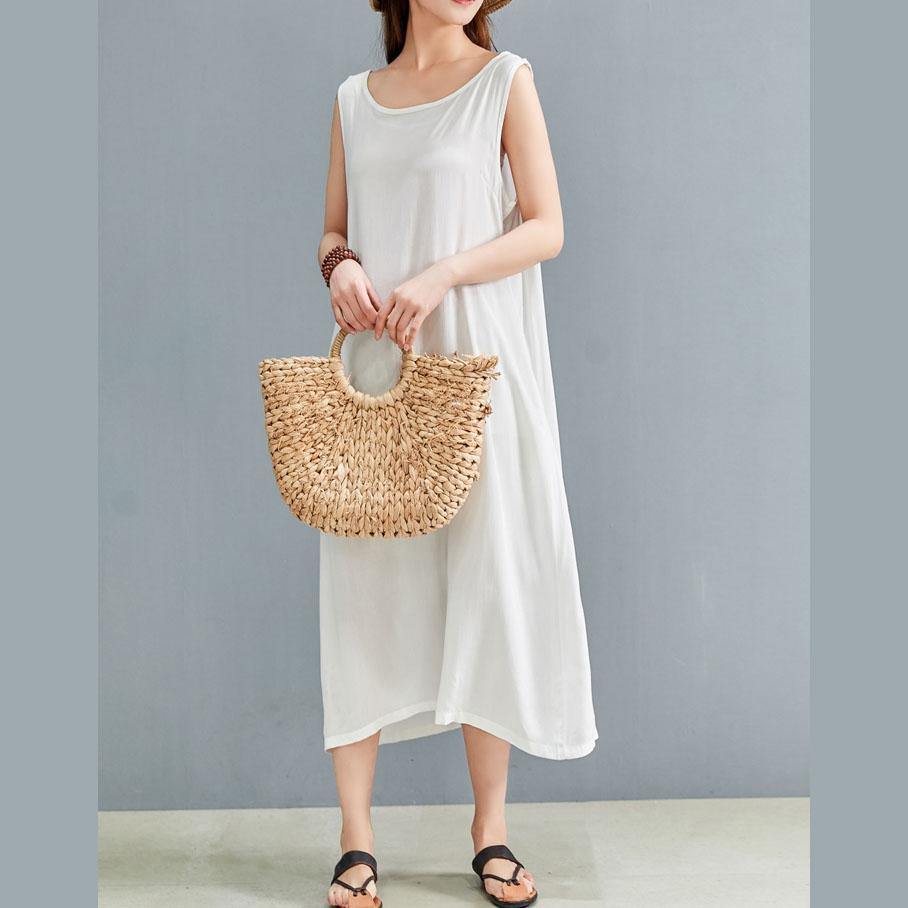 Organic o neck sleeveless linen dress Outfits white Dress summer - Omychic