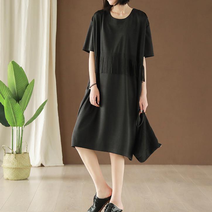 Organic o neck tassel Cotton dress Wardrobes black Dresses summer - Omychic