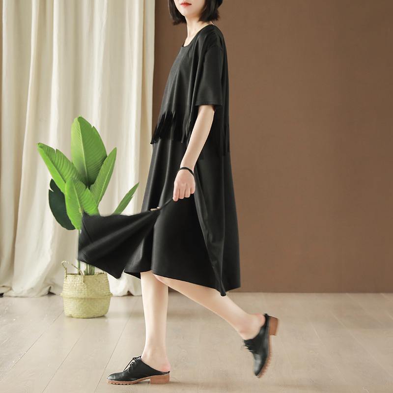 Organic o neck tassel Cotton dress Wardrobes black Dresses summer - Omychic