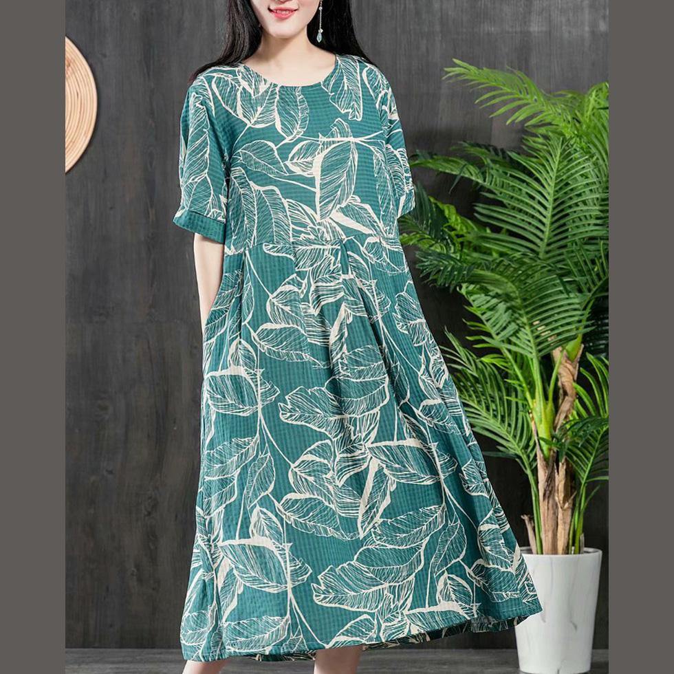 Organic o neck wrinkled Cotton tunics for women Wardrobes green floral Dresses patchwork summer - Omychic