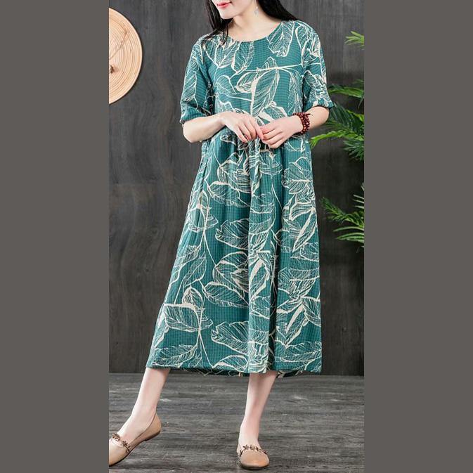 Organic o neck wrinkled Cotton tunics for women Wardrobes green floral Dresses patchwork summer - Omychic