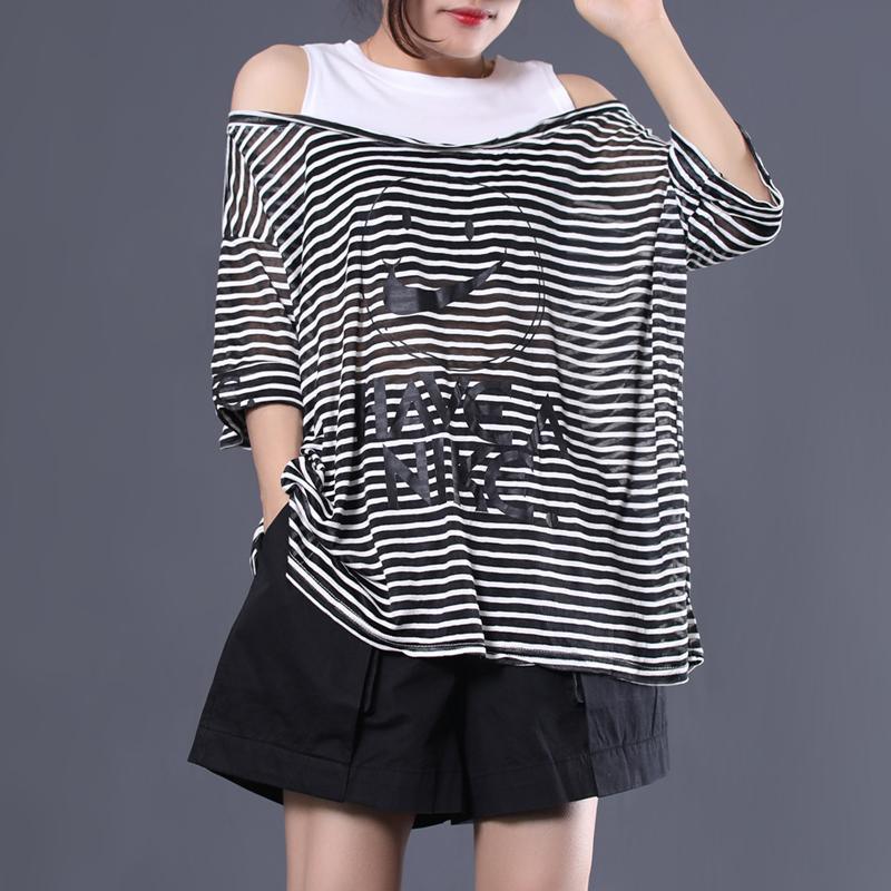 Organic patchwork Backless  cotton clothes For Women pattern black white striped tops summer - Omychic