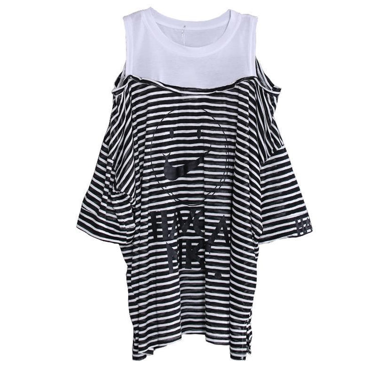 Organic patchwork Backless  cotton clothes For Women pattern black white striped tops summer - Omychic
