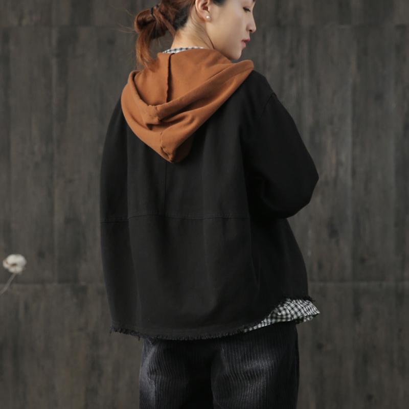 Organic patchwork color hooded cotton Blouse Cotton black short coats fall - Omychic