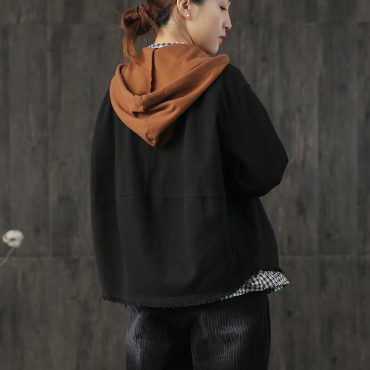 Organic patchwork color hooded cotton Blouse Cotton black short coats fall - Omychic