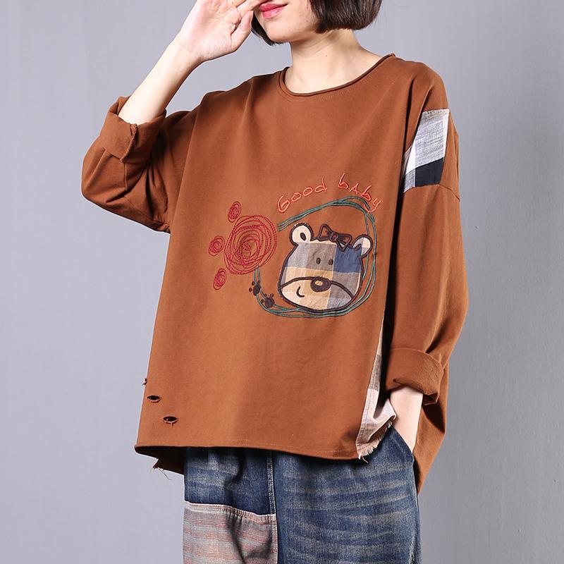 Organic patchwork cotton Blouse design khaki embroidery tops fall - Omychic