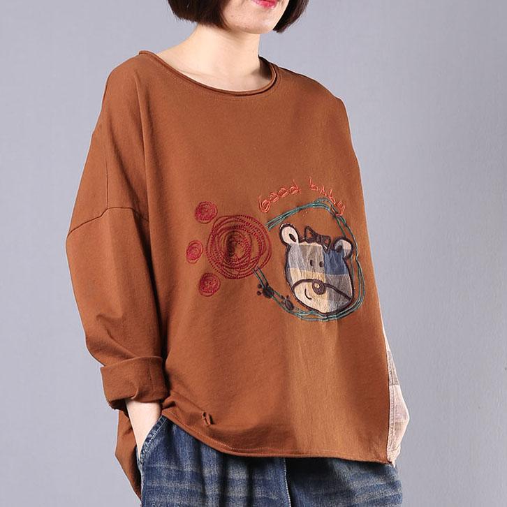 Organic patchwork cotton Blouse design khaki embroidery tops fall - Omychic