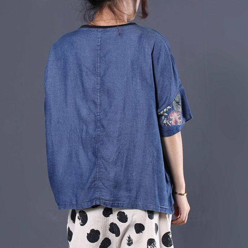 Organic patchwork cotton linen tops women Wardrobes denim blue shirt summer - Omychic
