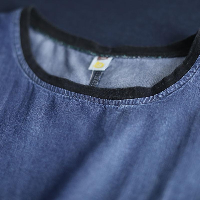 Organic patchwork cotton linen tops women Wardrobes denim blue shirt summer - Omychic