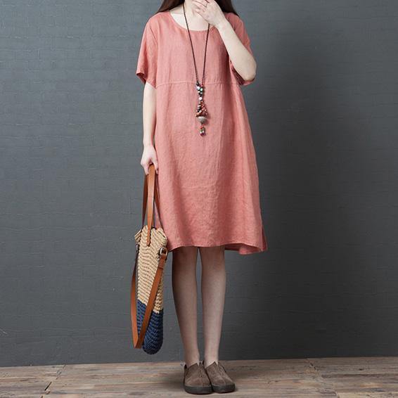 Organic pink linen dresses o neck pockets loose summer Dress - Omychic