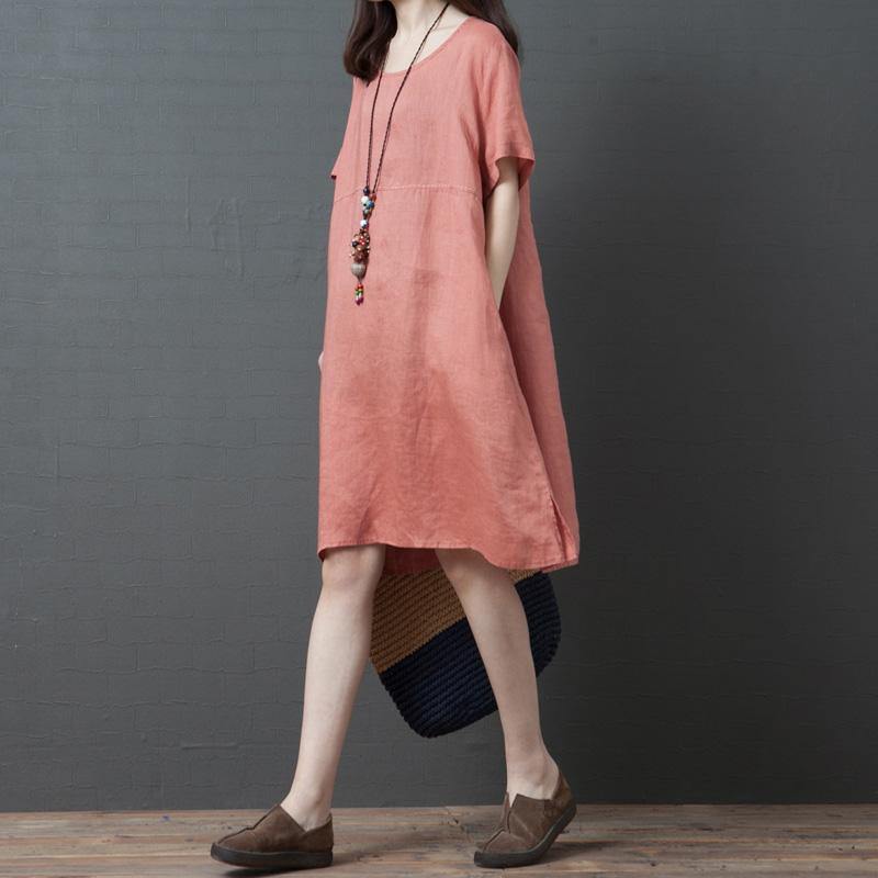 Organic pink linen dresses o neck pockets loose summer Dress - Omychic