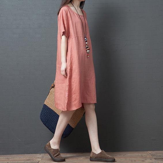 Organic pink linen dresses o neck pockets loose summer Dress - Omychic