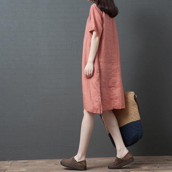 Organic pink linen dresses o neck pockets loose summer Dress - Omychic