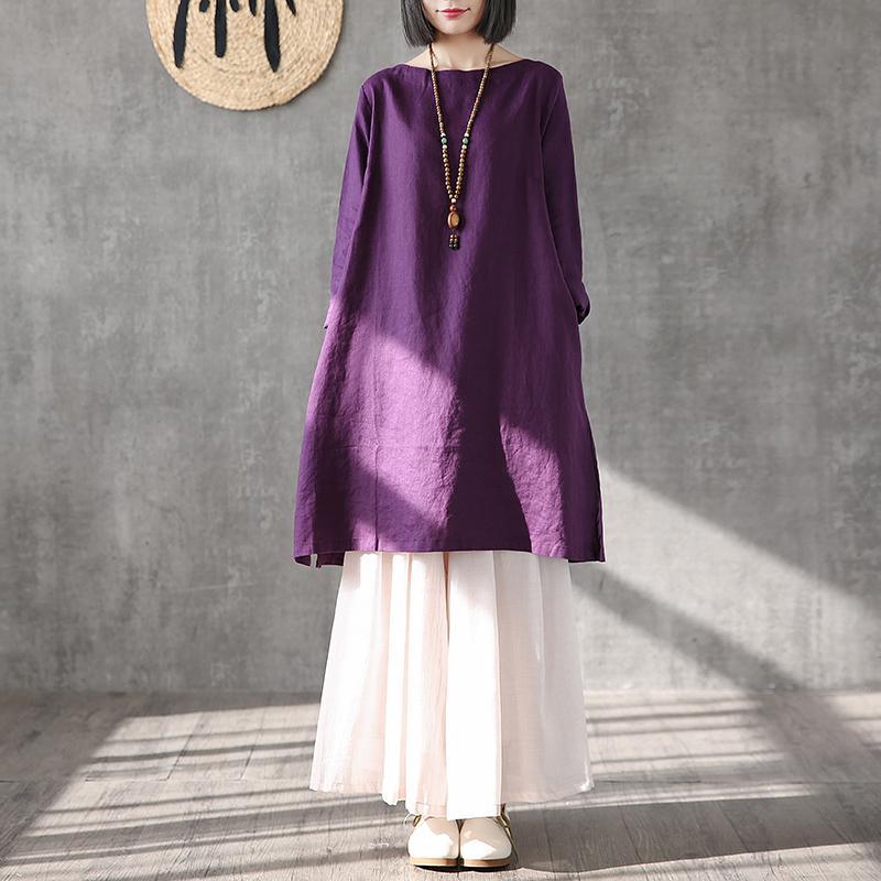 Organic purple linen Long Shirts o neck side open tunic summer Dresses - Omychic