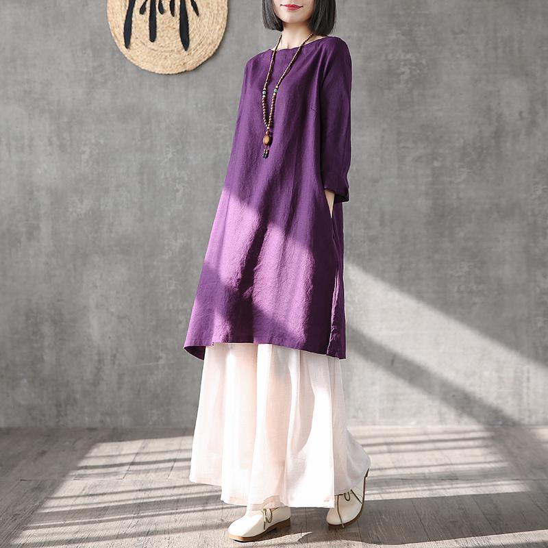 Organic purple linen Long Shirts o neck side open tunic summer Dresses - Omychic