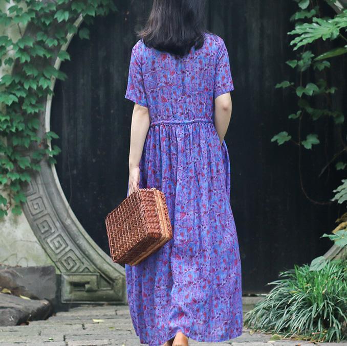 Organic purple print cotton dresses Metropolitan Museum Fashion Ideas o neck tie waist Traveling Summer Dress - Omychic