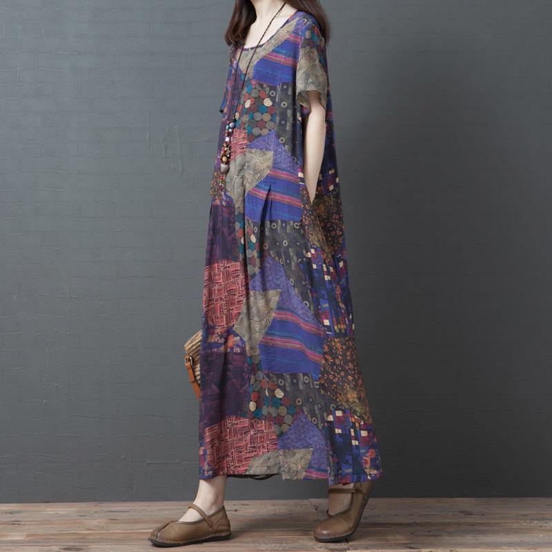 Organic purple print linen Wardrobes o neck pockets baggy Maxi summer Dress - Omychic