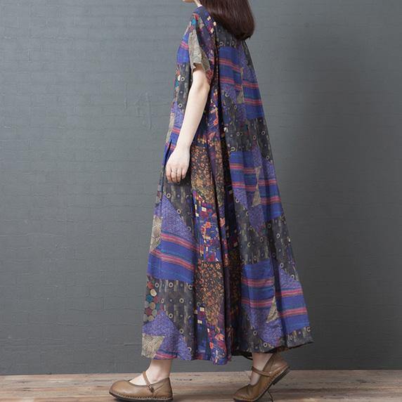 Organic purple print linen Wardrobes o neck pockets baggy Maxi summer Dress - Omychic