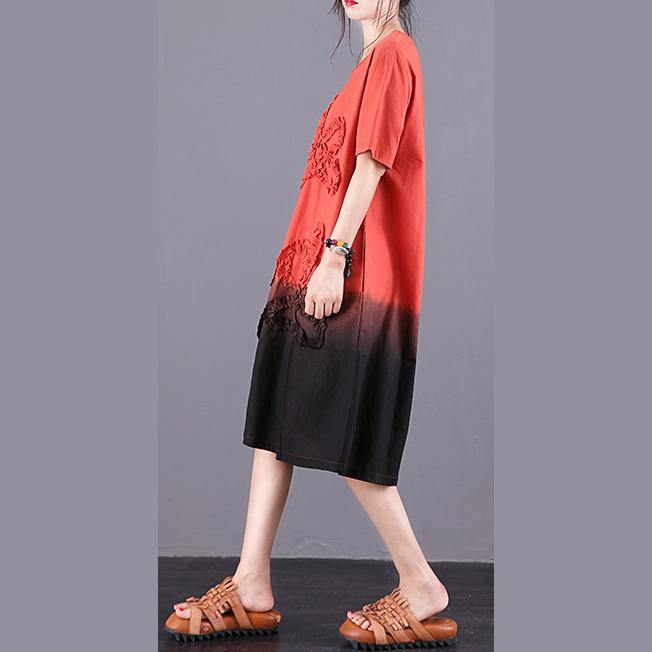 Organic red Cotton Tunic o neck Appliques loose summer Dresses - Omychic