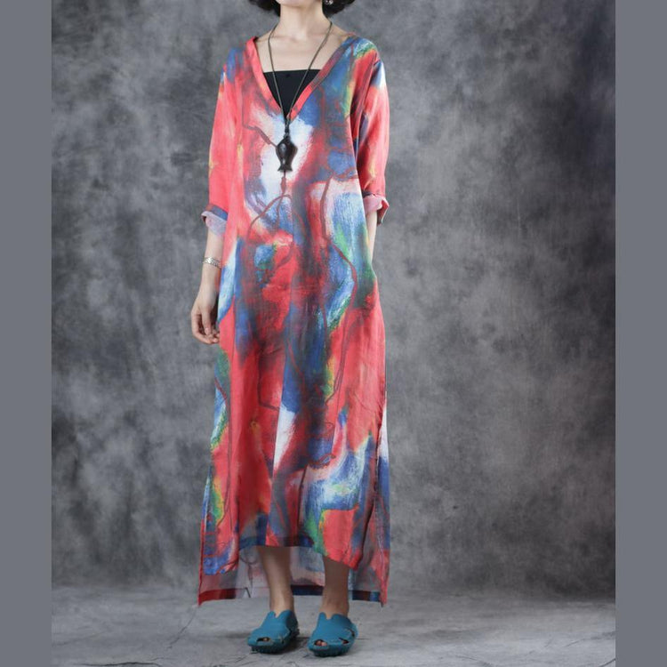 Organic red blue print linen clothes For Women v neck side open Kaftan summer Dresses - Omychic