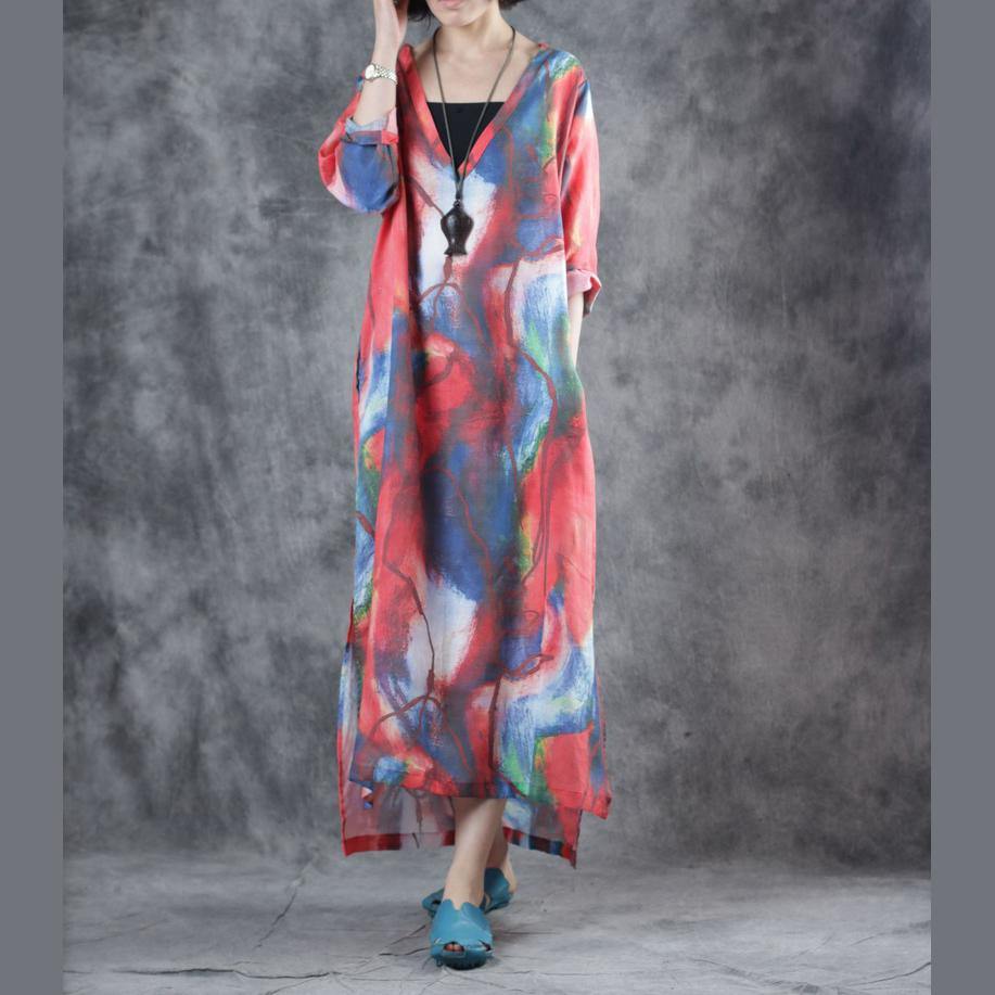 Organic red blue print linen clothes For Women v neck side open Kaftan summer Dresses - Omychic