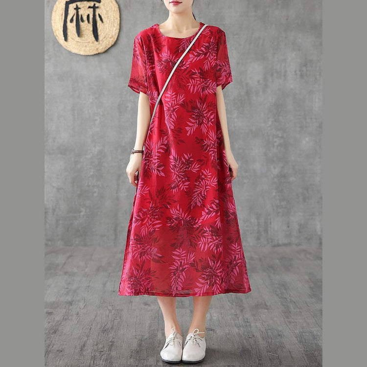 Organic red print linen Robes o neck short sleeve Kaftan Dress - Omychic