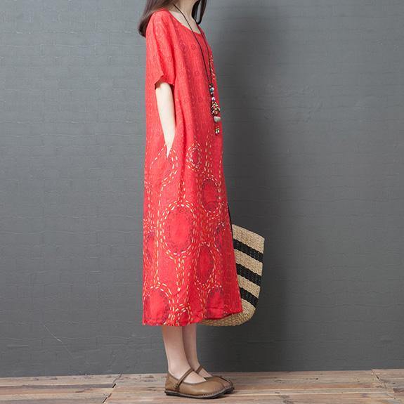 Organic red print linen Wardrobes o neck pockets Kaftan summer Dress - Omychic