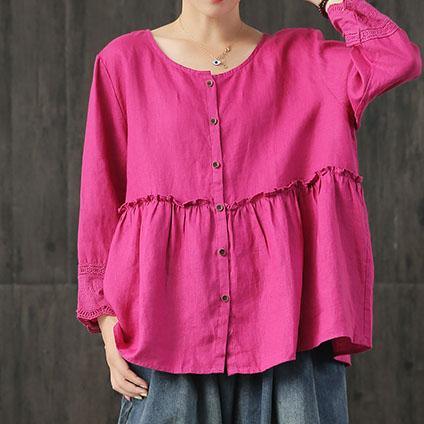 Organic ruffles patchwork linen shirts Work Outfits rose embroidery blouses fall - Omychic
