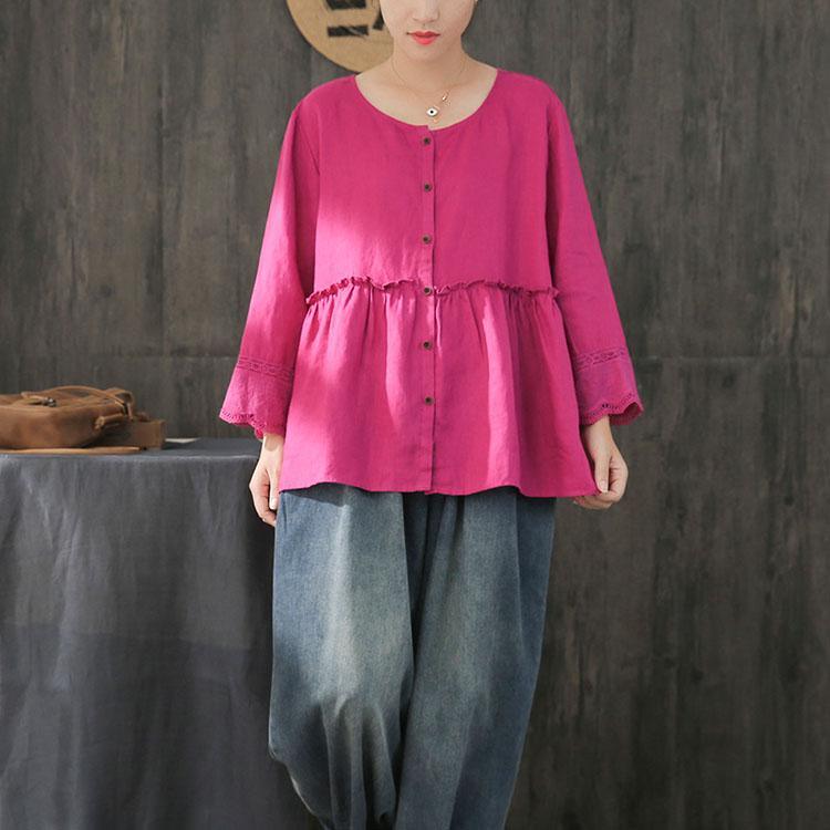 Organic ruffles patchwork linen shirts Work Outfits rose embroidery blouses fall - Omychic