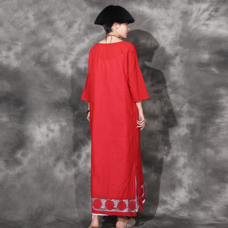 Organic side open lace hem cotton Tunics Sleeve red v neck Maxi Dress summer - Omychic