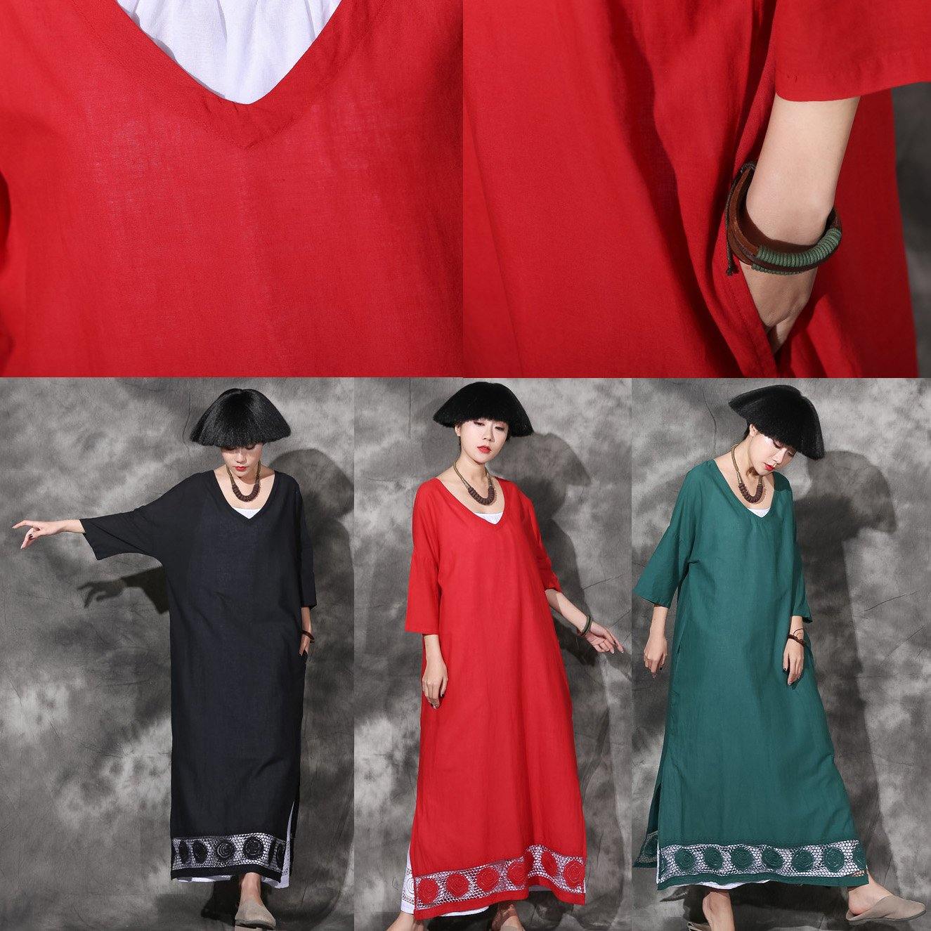Organic side open lace hem cotton Tunics Sleeve red v neck Maxi Dress summer - Omychic