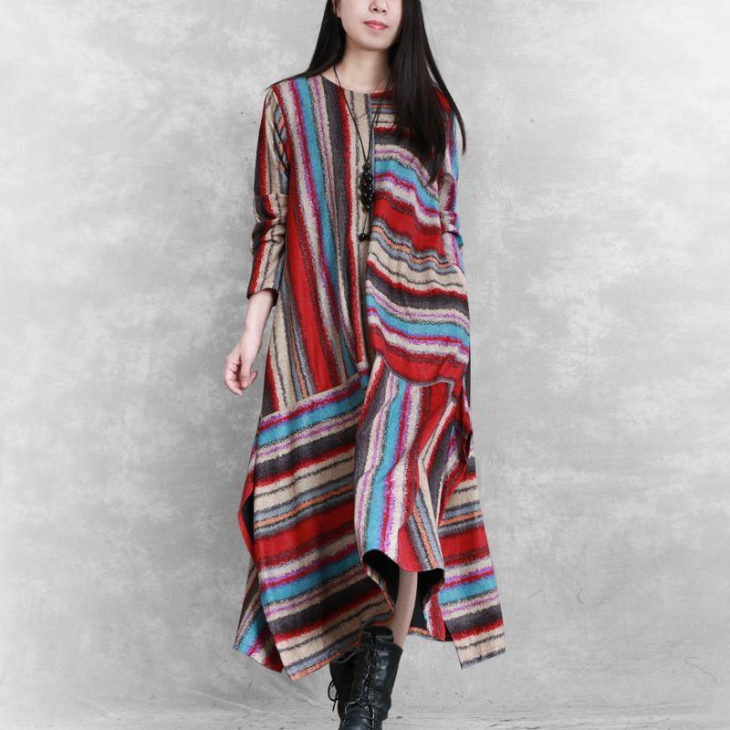 Organic side open linen cotton patchwork clothes For Women Neckline red striped Dress - Omychic