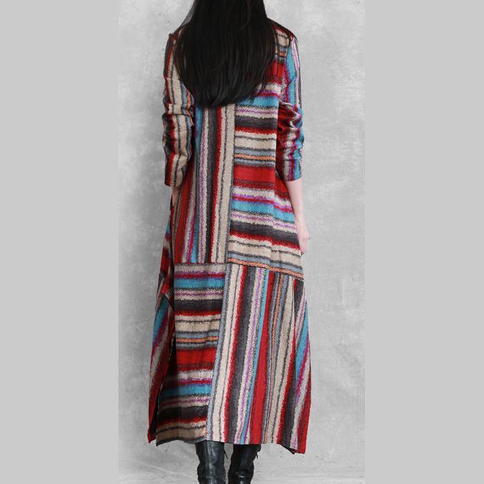 Organic side open linen cotton patchwork clothes For Women Neckline red striped Dress - Omychic