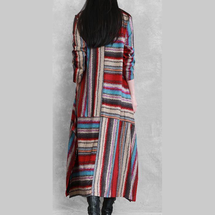 Organic side open linen cotton patchwork clothes For Women Neckline red striped Dress - Omychic