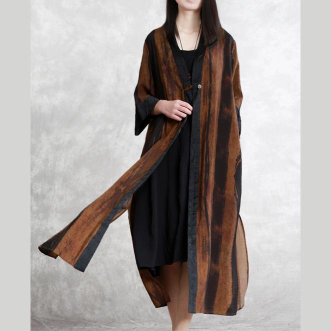 Organic side open linen outfit Plus Size Cotton brown long coats spring - Omychic