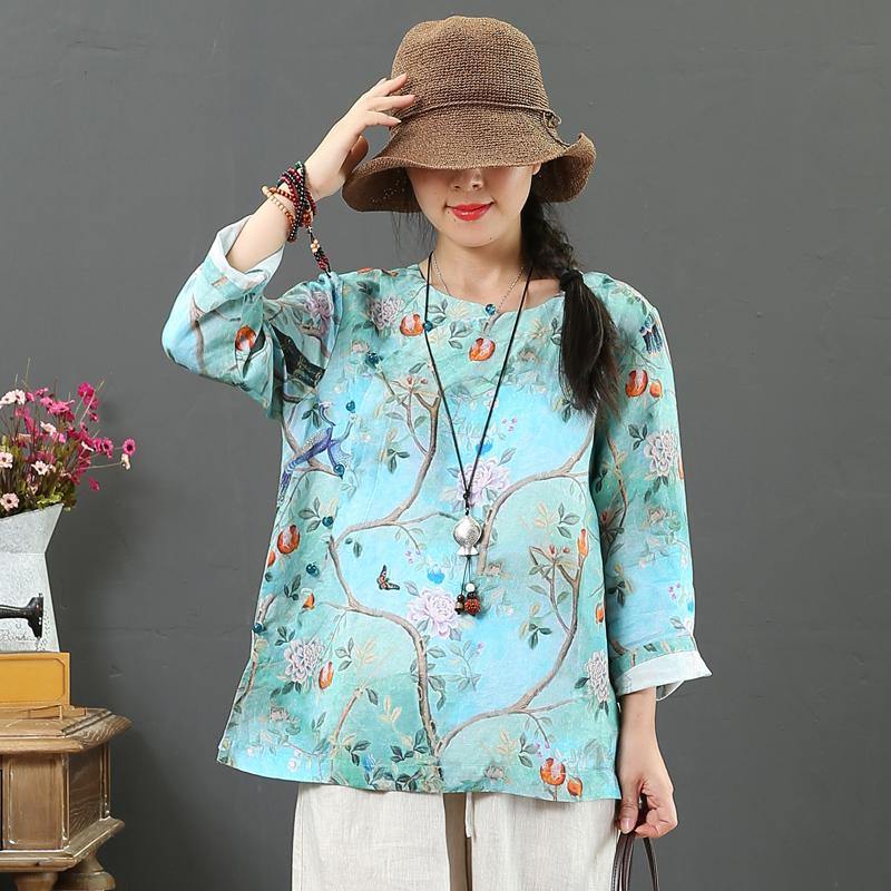Organic side open linen tunics for women Fashion Ideas blue print tops fall - Omychic