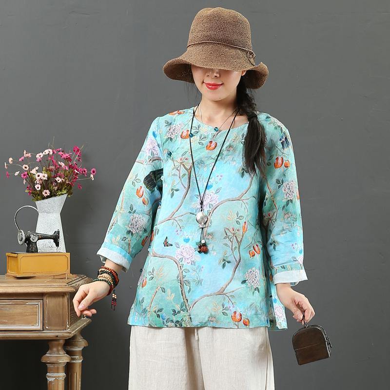 Organic side open linen tunics for women Fashion Ideas blue print tops fall - Omychic