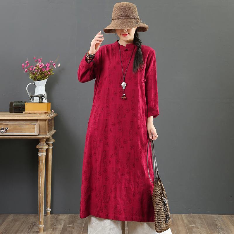 Organic stand collar Jacquard cotton clothes For Women design burgundy Maxi Dresses fall - Omychic