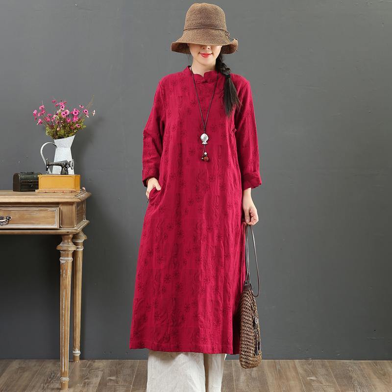 Organic stand collar Jacquard cotton clothes For Women design burgundy Maxi Dresses fall - Omychic