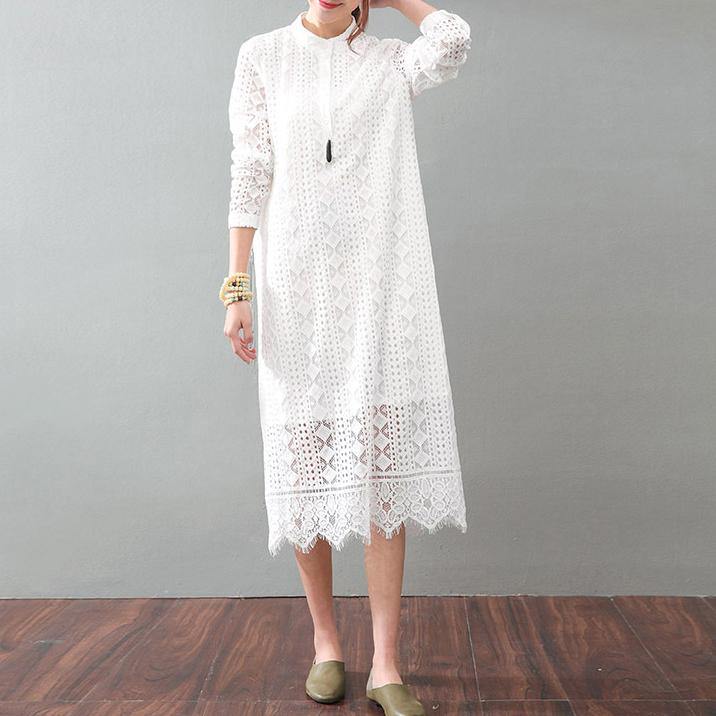 Organic stand collar false two pieces lace clothes For Women Pakistani Runway white tunic Dress summer - Omychic