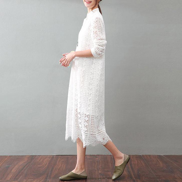 Organic stand collar false two pieces lace clothes For Women Pakistani Runway white tunic Dress summer - Omychic