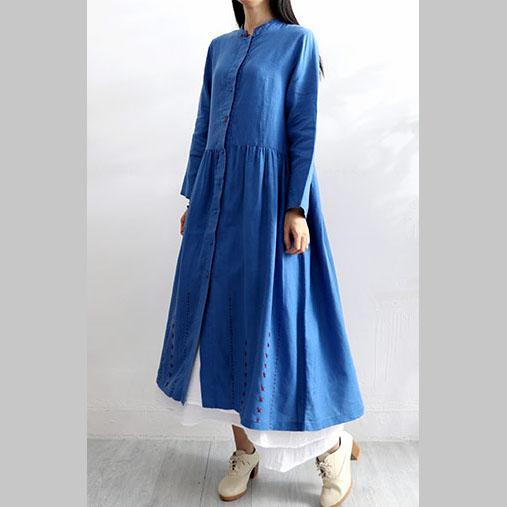 Organic stand collar linen clothes For Women Outfits blue coats autumn - Omychic