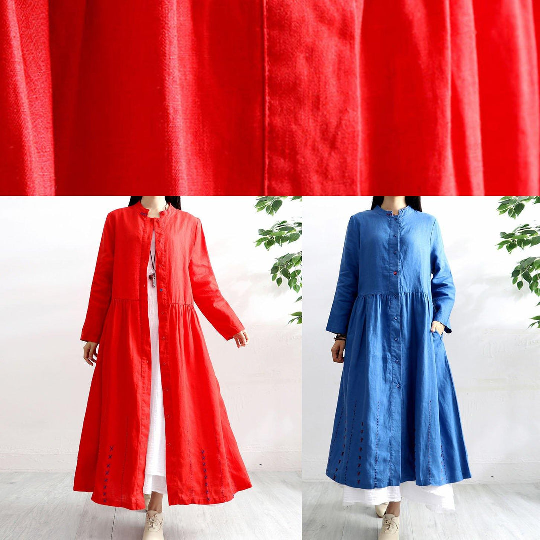 Organic stand collar linen clothes For Women Outfits blue coats autumn - Omychic