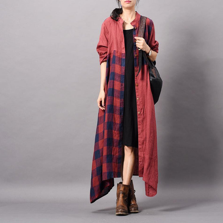 Organic stand collar patchwork linen clothes Korea Fabrics red plaid long Dress spring - Omychic