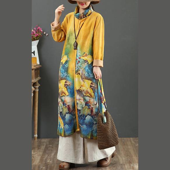 Organic thick cotton high neck clothes Women Sewing yellow loose Dresses - Omychic