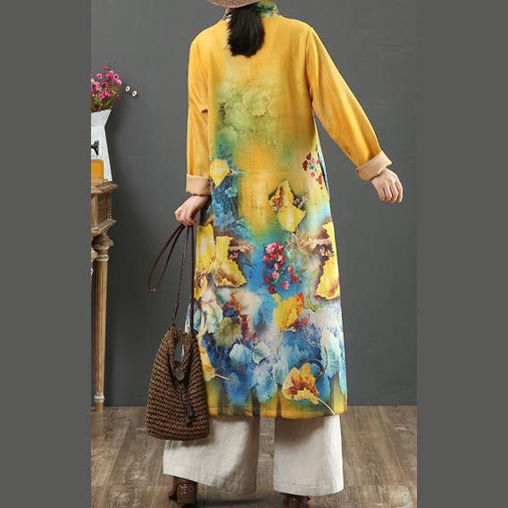 Organic thick cotton high neck clothes Women Sewing yellow loose Dresses - Omychic