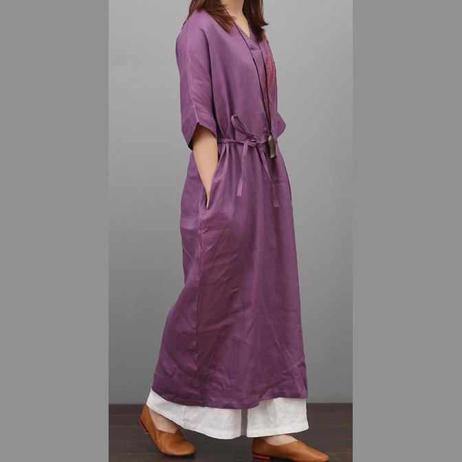 Organic tie waist linen clothes Sewing purple Dresses summer - Omychic