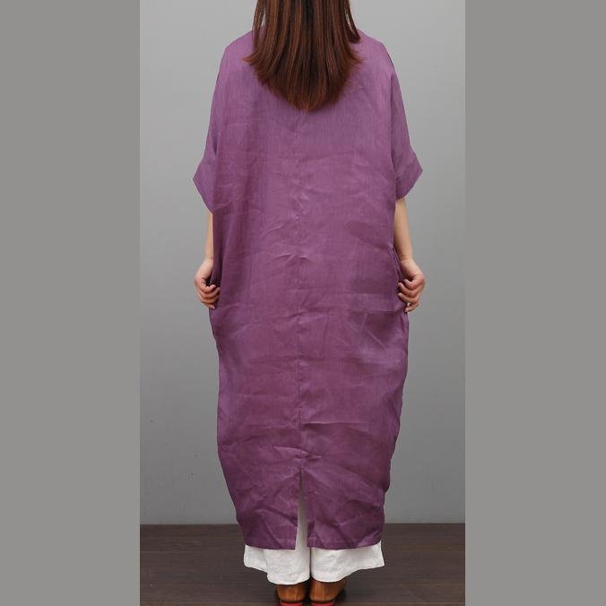 Organic tie waist linen clothes Sewing purple Dresses summer - Omychic