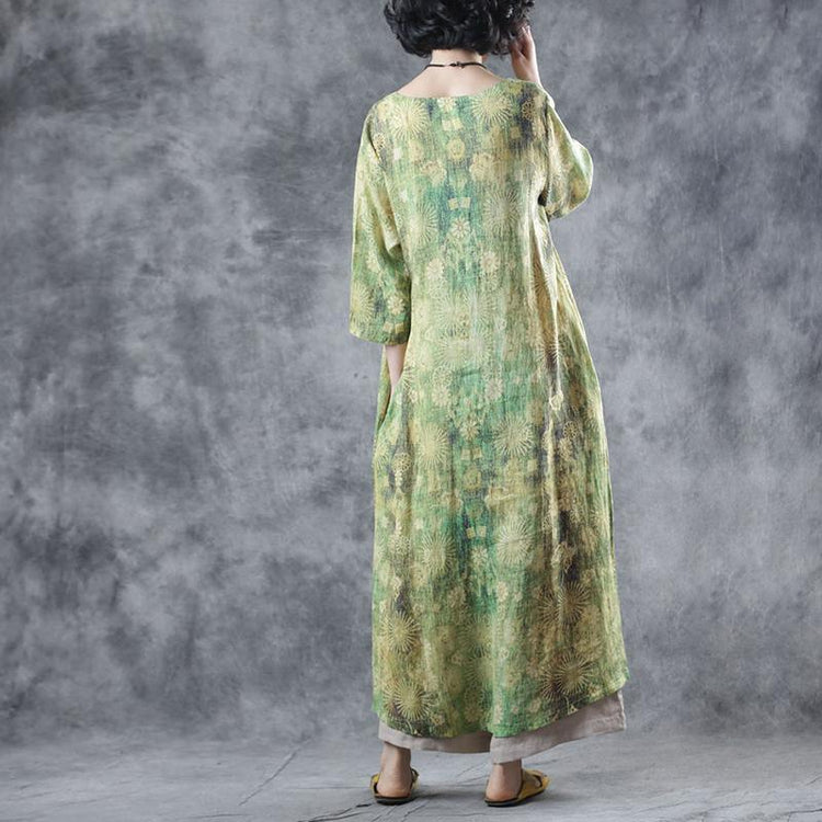 Organic v neck Chinese Button linen clothes Photography green print Dresses summer - Omychic