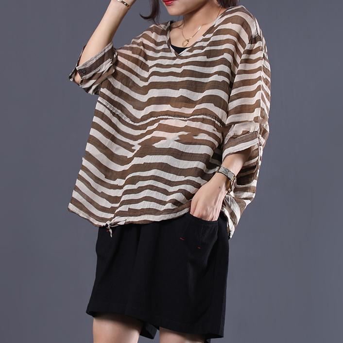 Organic v neck cotton box top Fabrics khaki striped blouses - Omychic